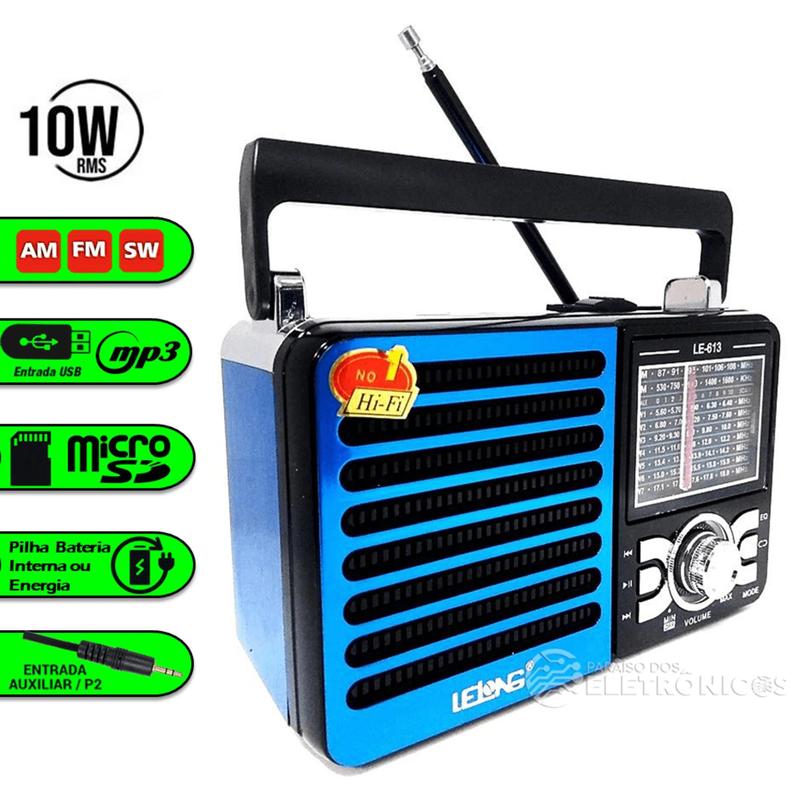 Rádio Portátil AM FM SW Toca MP3 Com Entrada Pendrive e Cartão de